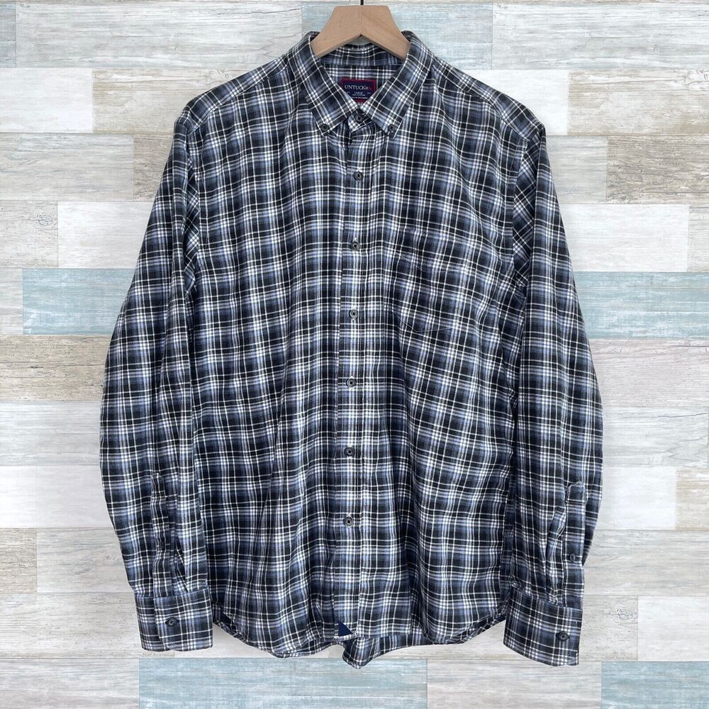 UNTUCKit Flannel Plaid Shirt Blue Gray Button Down Cotton Casual Mens Large